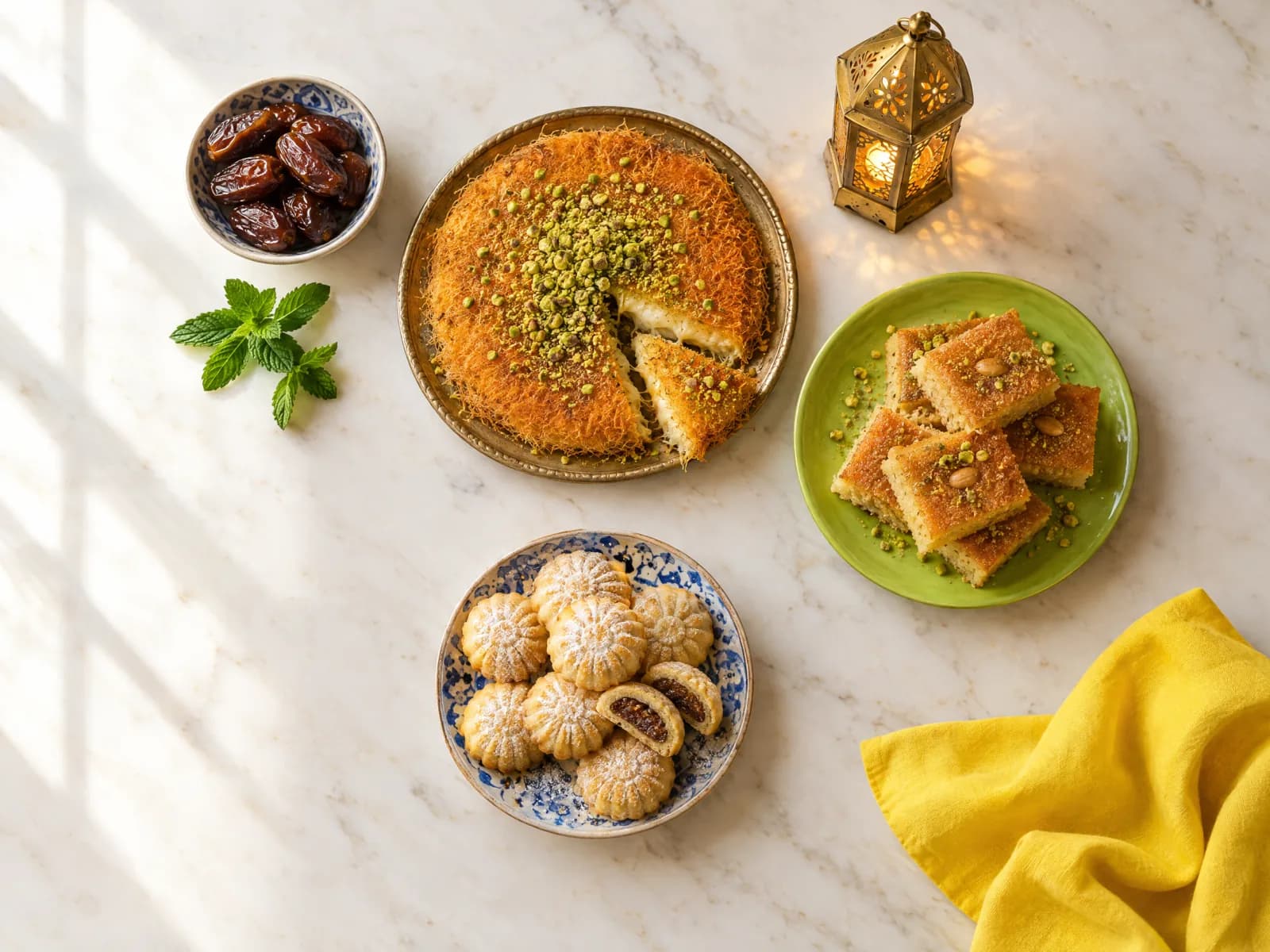 Homemade Ramadan desserts, konafa, basbousa and date cookies, arranged on a table.