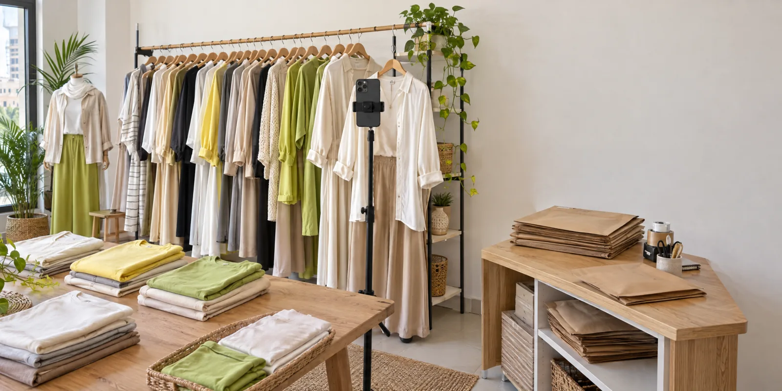 A small clothing store preparing online orders.