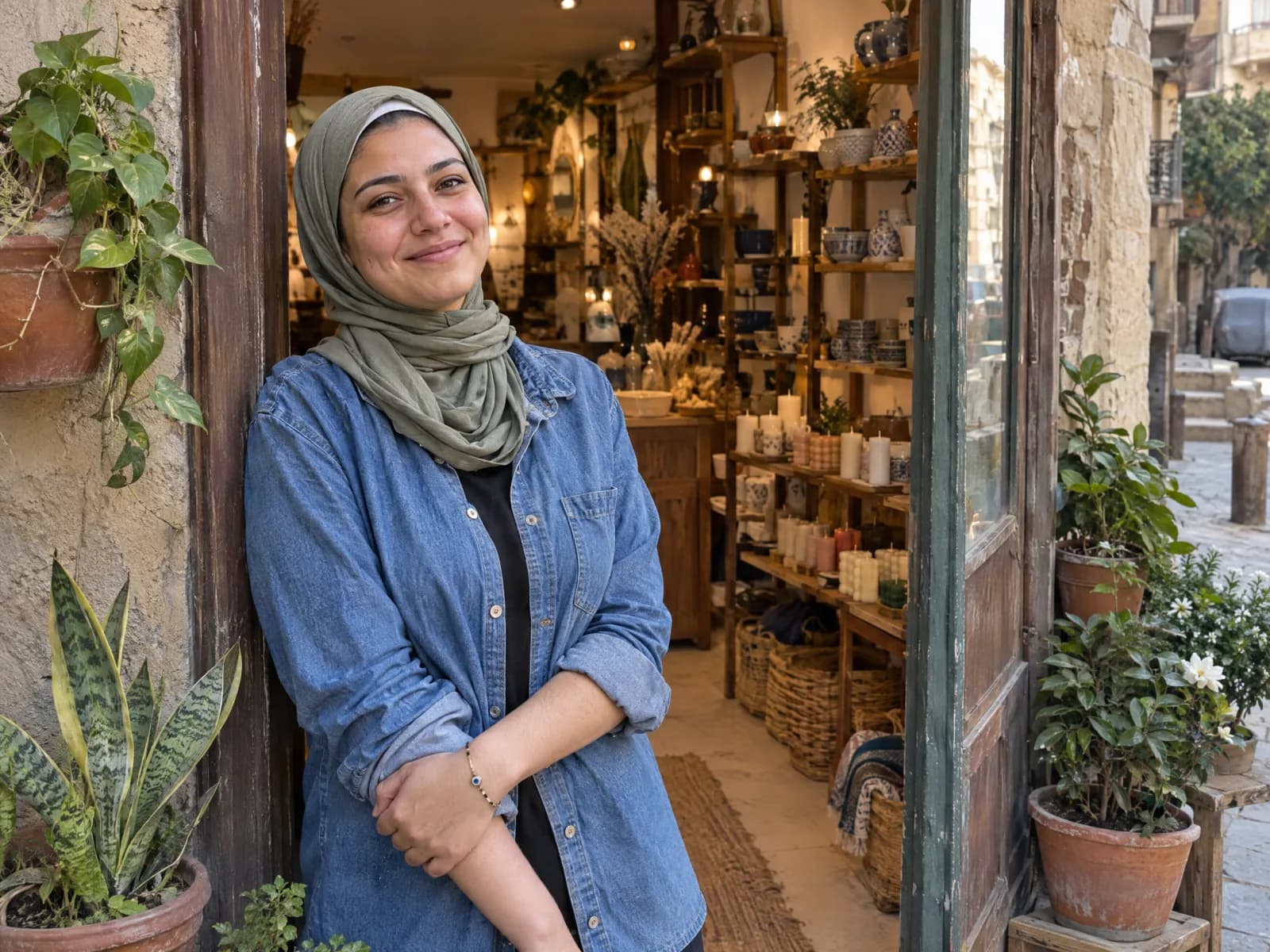 The owner of a small handmade home-decor shop standing at the door of her new shop.