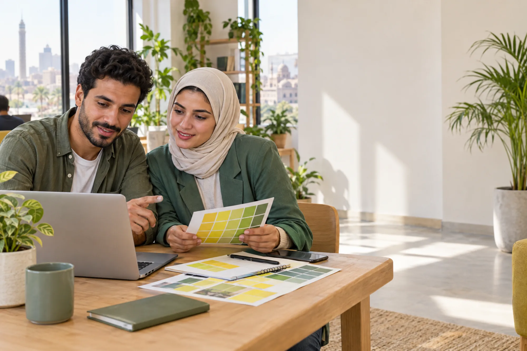 A business owner and a designer working together on a laptop.